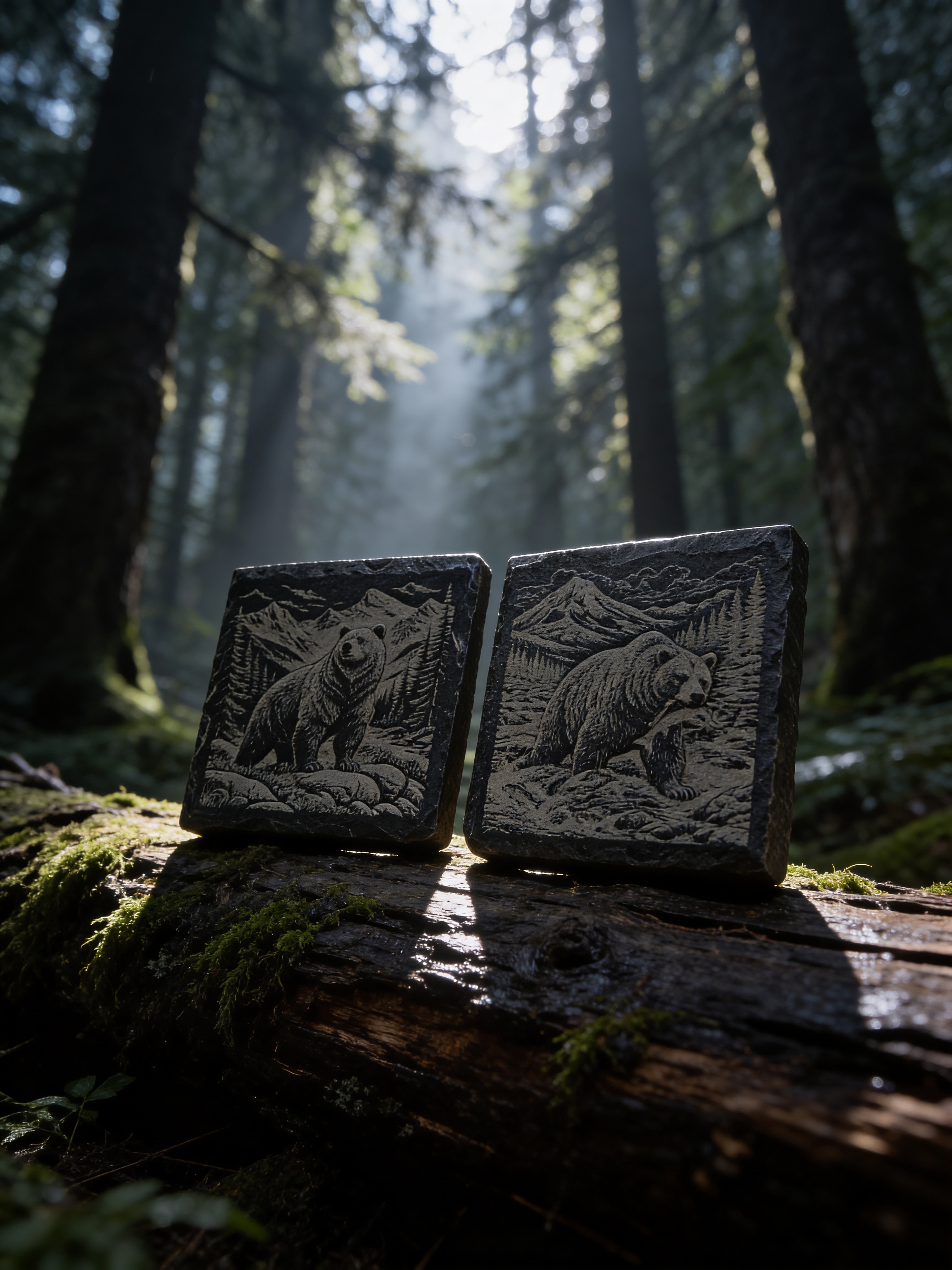 Custom laser engraved slate coasters with bear designs on a mossy log