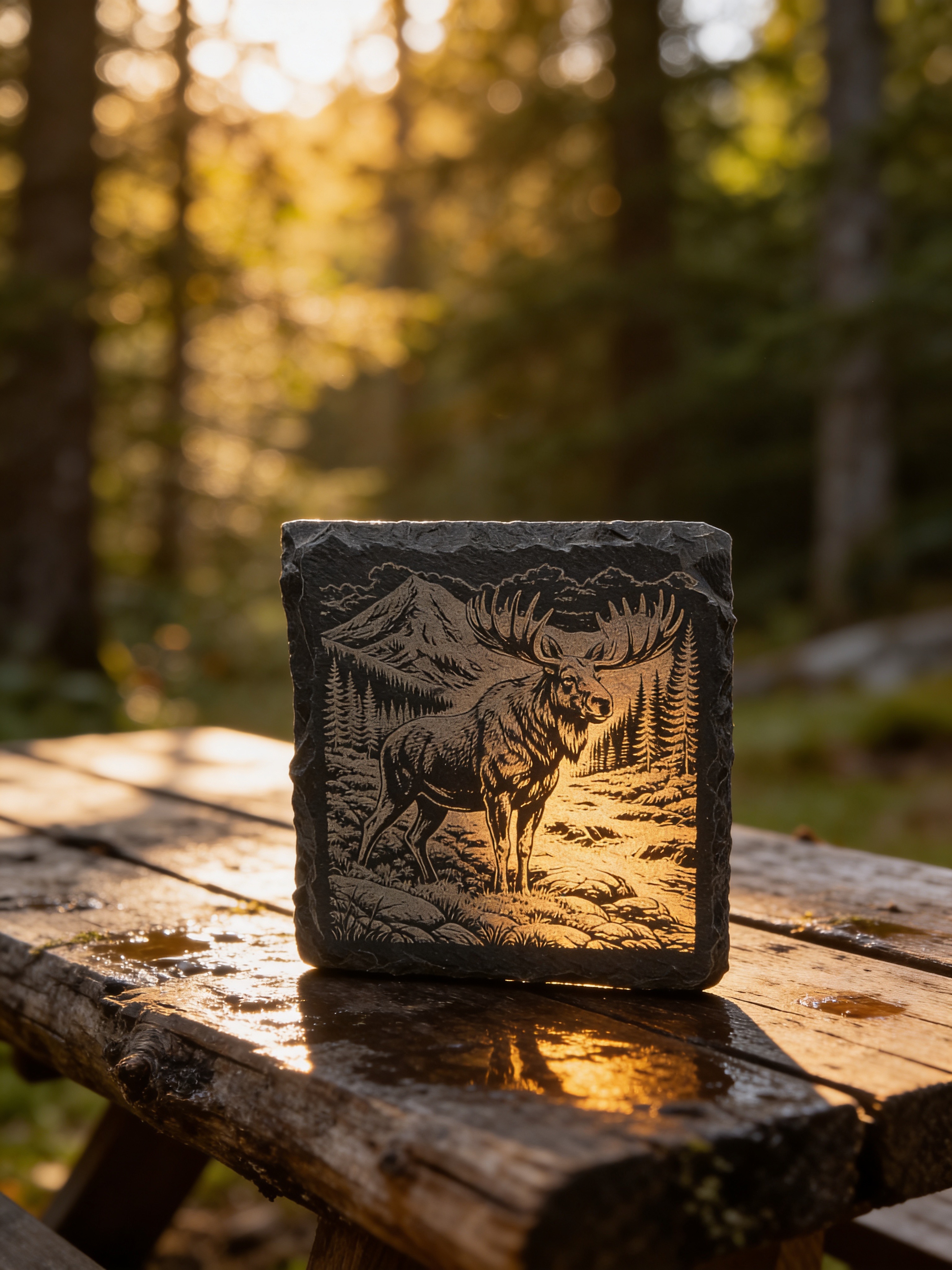 Custom laser engraved slate coaster with moose and mountain scene