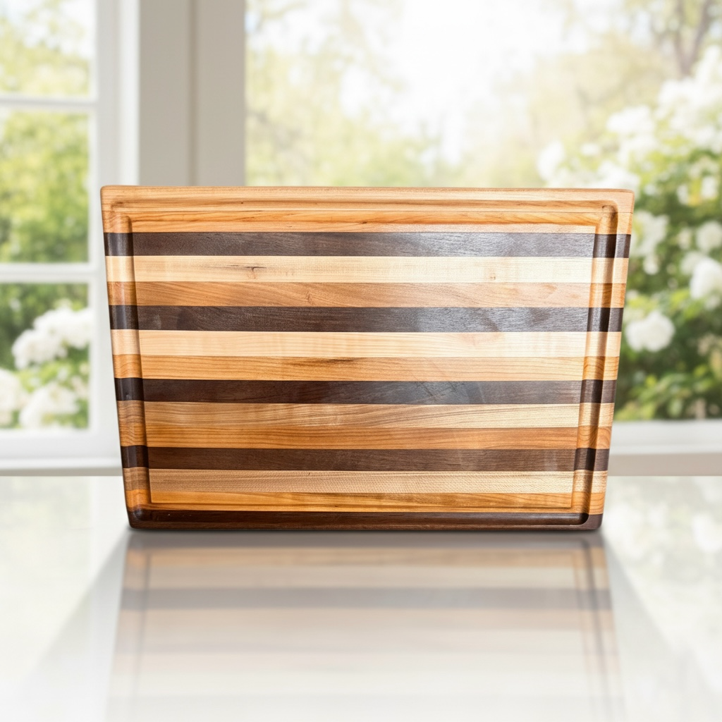 Custom striped hardwood cutting board with walnut and maple
