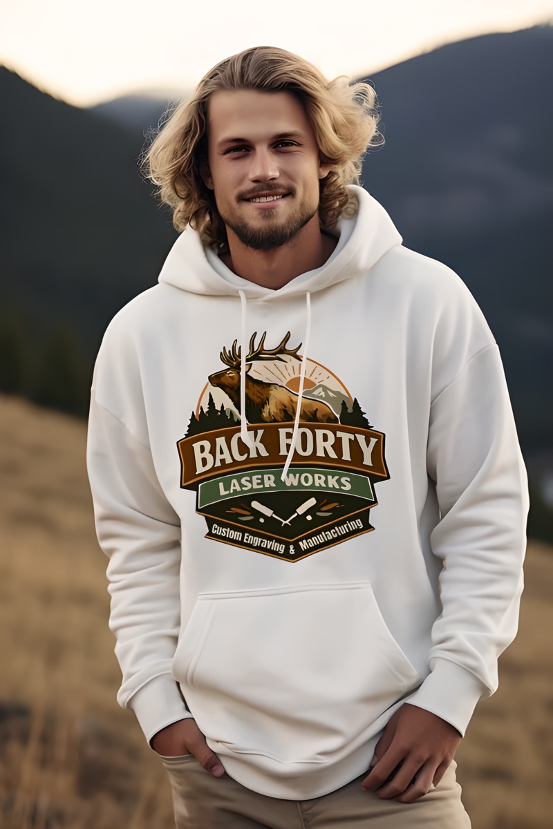 Custom graphic printed Back Forty Laser Works hoodie