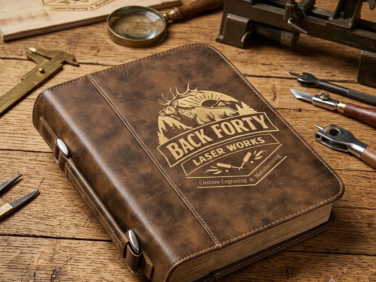Custom laser engraved leather Bible cover with the Back Forty Laser Works elk and mountain logo