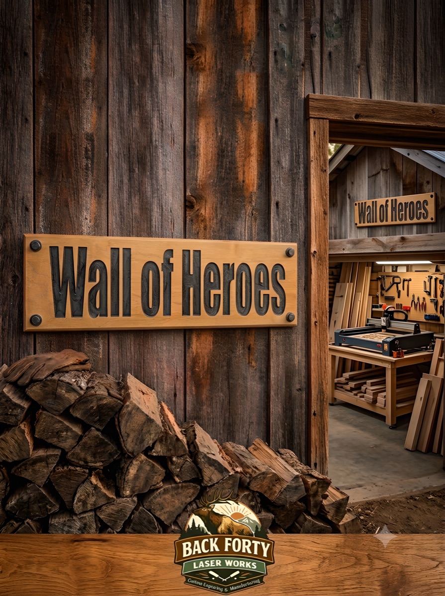 Custom engraved wooden Wall of Heroes sign mounted on a workshop wall